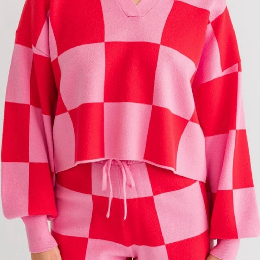 Pink Lily Checkered Knit Lounge Set
